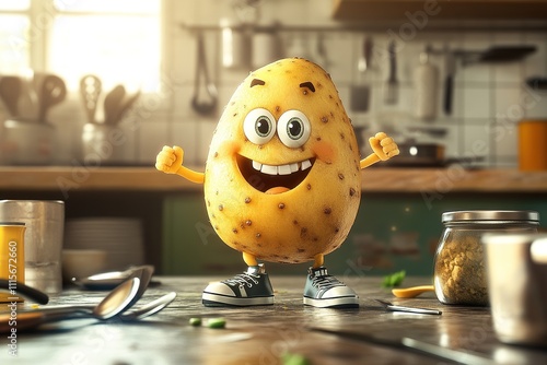 Happy Potato Character In A Kitchen Setting