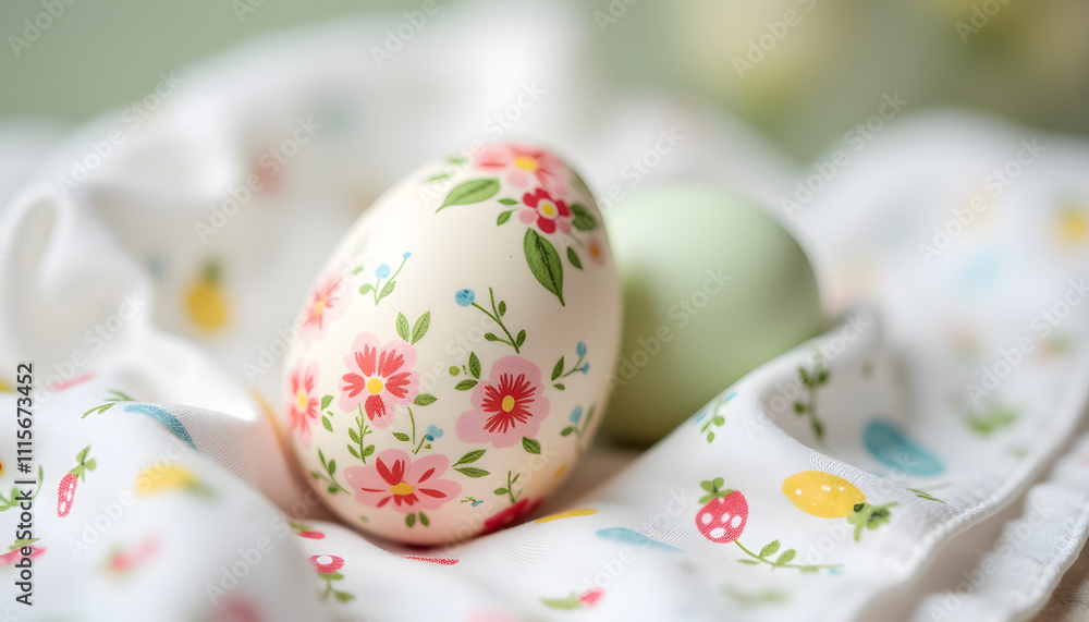 Fototapeta premium Decoratively painted Easter eggs resting on a floral-patterned cloth