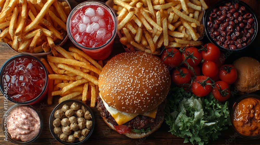 Delicious Burger Platter with Fries and Refreshing Drinks in a Lively Setting Delicious Burger Platter with Fries and Refreshing Drinks in a Lively Setting