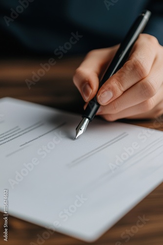 Close-Up View of a Hand Holding a Pen Ready to Sign a Document on a Wooden Table for Business or Personal Use