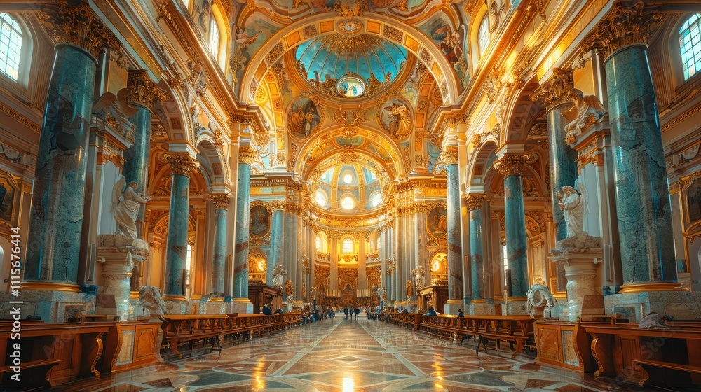 Fototapeta premium Ornate church interior with high ceilings, columns, and marble floors.