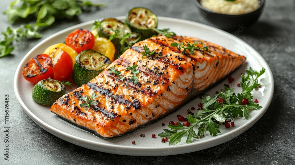 Grilled Salmon with Zucchini, Tomato, and Couscous on White Plate Grilled Salmon with Zucchini, Tomato, and Couscous on White Plate