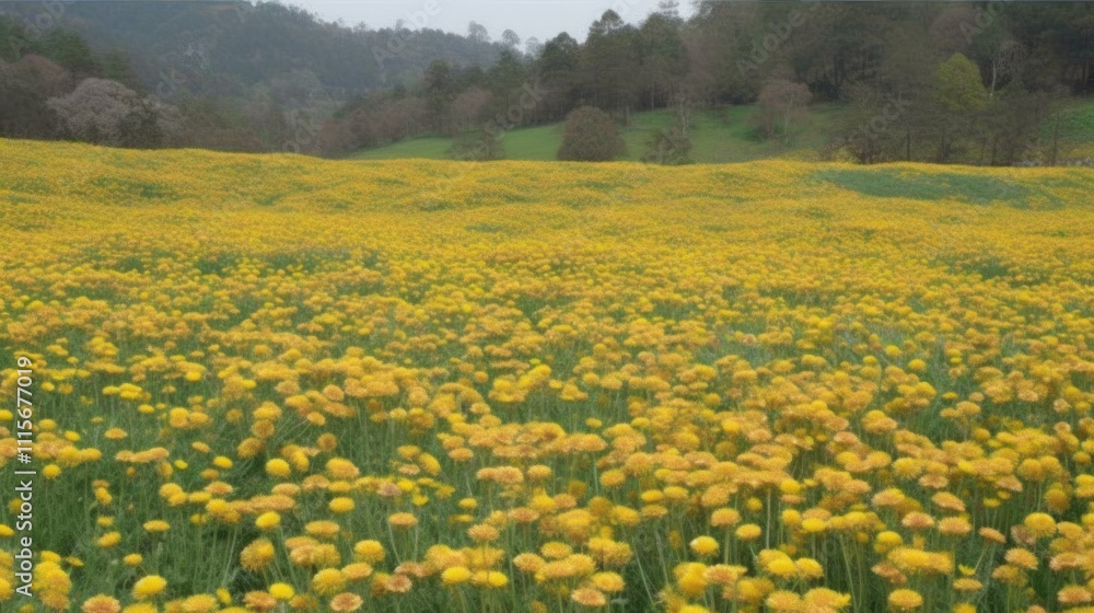 Obraz premium A vibrant field of yellow dandelions under a cloudy sky.