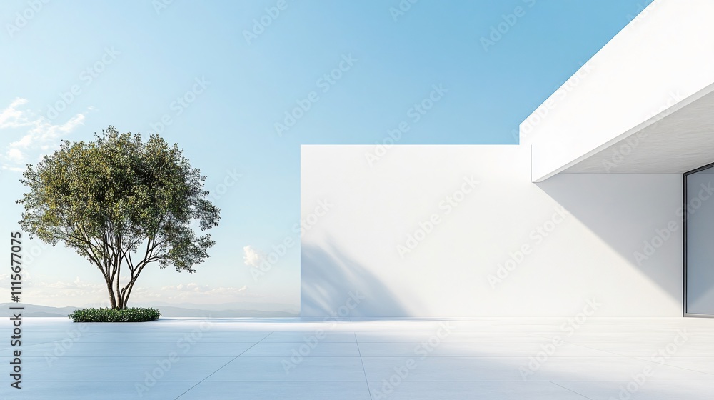 Obraz premium Sleek white architectural building with abstract design, set against a stunning city skyline and ocean view. The minimalist background, clean ground, and expansive sky provide the perfect commercial b