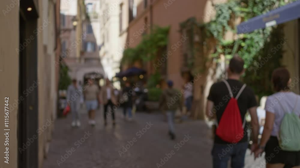 Blurred scene of people walking down a narrow cobblestone street in rome with ivy-covered buildings and outdoor cafes suggesting a european urban setting Blurred scene of people walking down a narrow cobblestone street in rome with ivy-covered buildings and outdoor cafes suggesting a european urban setting
