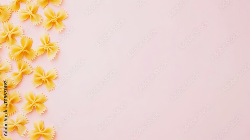 Obraz premium Farfalle pasta, top view, light pink pastel background, copy space. Food concept. Generative AI