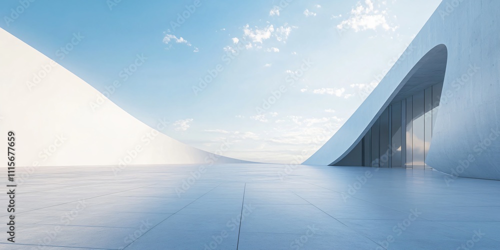 Elegant white architectural building with abstract design, positioned against a stunning city skyline and ocean view. The minimalist background, clean ground, and expansive sky create a perfect settin Elegant white architectural building with abstract design, positioned against a stunning city skyline and ocean view. The minimalist background, clean ground, and expansive sky create a perfect settin