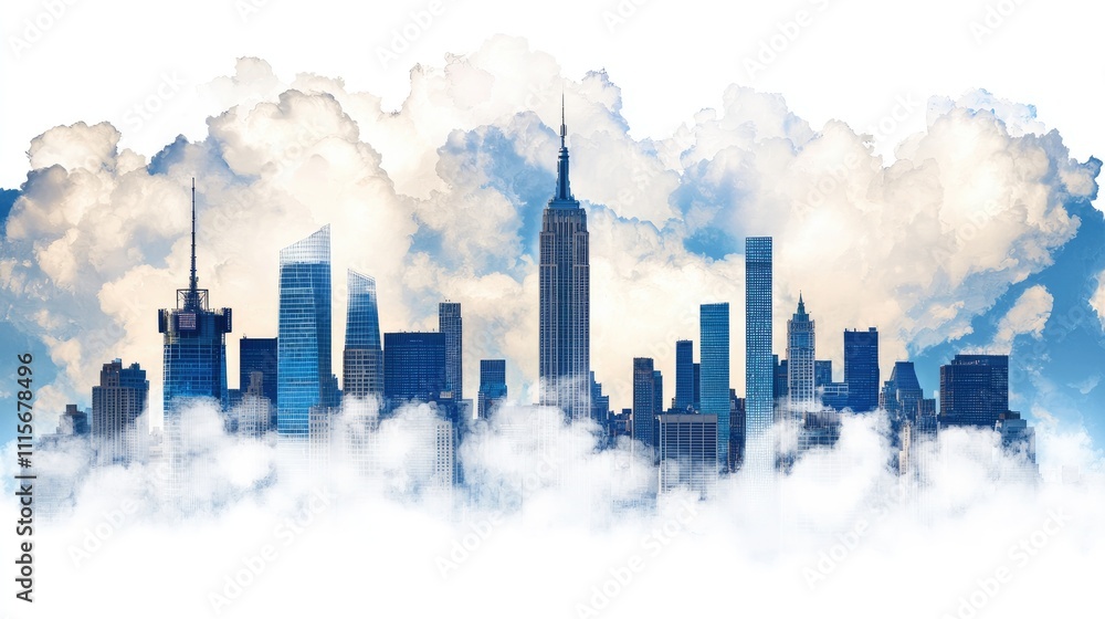 Fototapeta premium Evolution technology virtual reality concept. Skyline illustration featuring clouds and prominent buildings in blue tones.