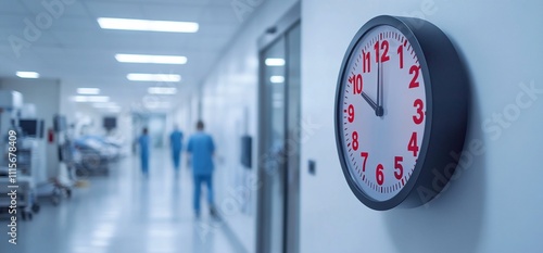 A clock on the wall of a hospital corridor, indicating time.