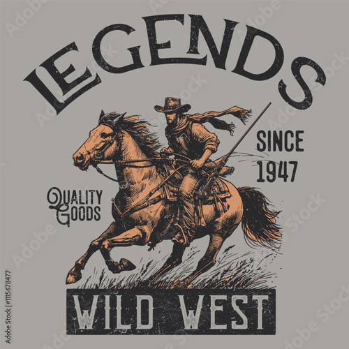 Cowboy Vintage typography wild west texas rodeo western cowboy on horse illustration print artwork for apparel, desert cactus artwork, cowboy vintage print, arizona desert design, western wild west