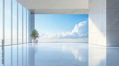 Elegant white architectural building with abstract design, positioned against a stunning city skyline and ocean view. The minimalist background, clean ground, and expansive sky create a perfect settin photo