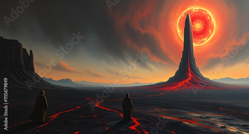 Desolate Volcanic Plain with Eerie Tower and Red Gleaming Eye