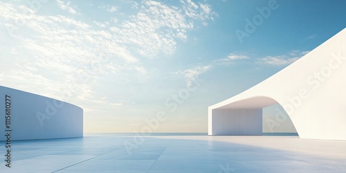 Elegant white architectural building with abstract design, positioned against a stunning city skyline and ocean view. The minimalist background, clean ground, and expansive sky create a perfect settin