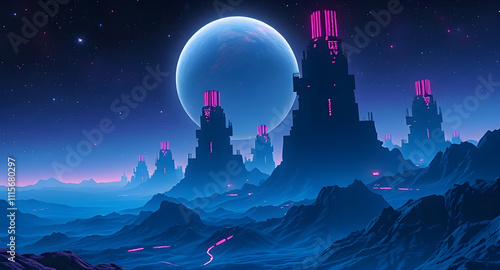 Futuristic Alien Landscape with Towering Structures Under a Glowing Planet