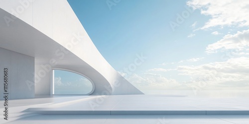 Elegant white architectural building with abstract design, positioned against a stunning city skyline and ocean view. The minimalist background, clean ground, and expansive sky create a perfect settin photo