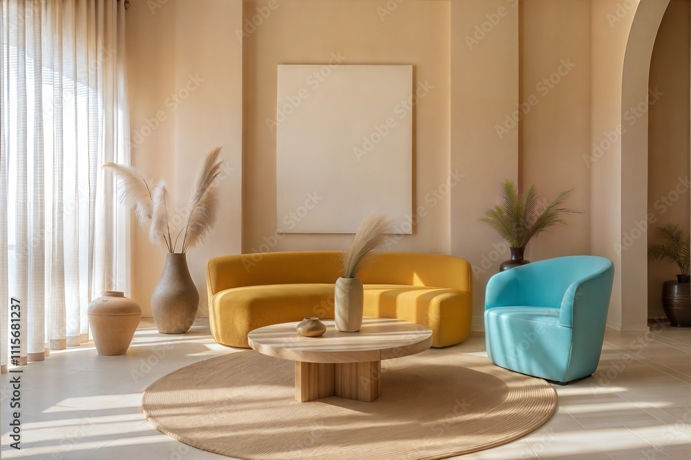 Scandinavian-Inspired Living Room with Empty Canvas Frame Mockup Above Yellow Sofa and Blue Chair Scandinavian-Inspired Living Room with Empty Canvas Frame Mockup Above Yellow Sofa and Blue Chair
