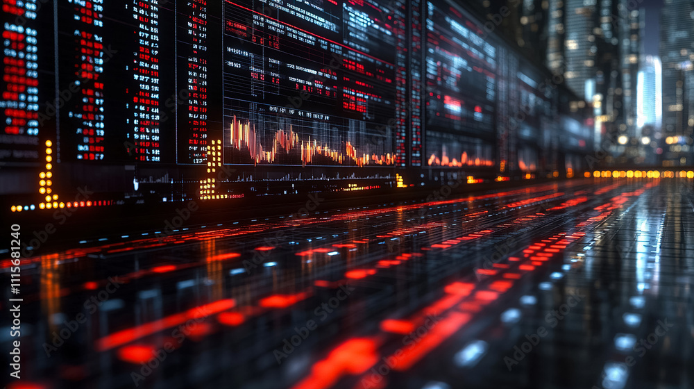 Fototapeta premium Dynamic financial data visualization in a futuristic city skyline at night showcasing stock market trends and graphs. Generative AI