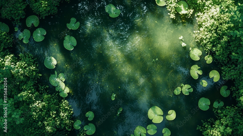 Fototapeta premium Lush Green Pond Aquatic Plants Nature Background Tranquil Scene Aerial View Serenity Summer Water