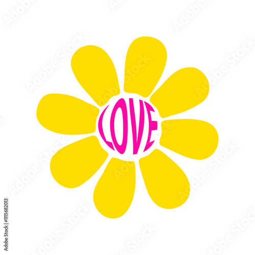 Love como flor. Logo con palabra love en silueta de grupo de pétalos de flor estilo margarita para tarjetas y felicitaciones de San Valentín