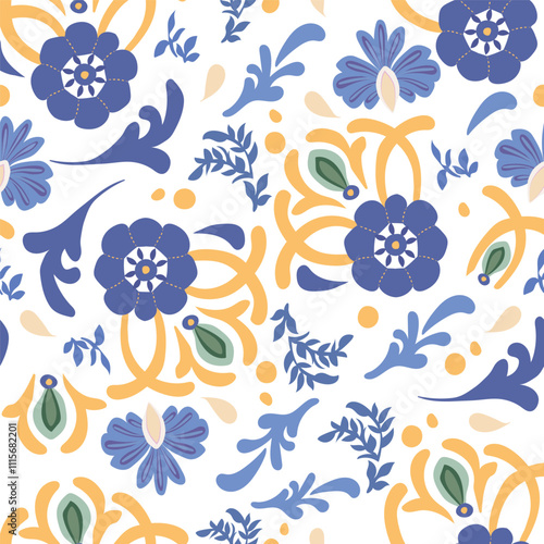 A lively seamless floral pattern combining blue, yellow, and green hues with abstract leaves and flowers. Ideal for textiles, wallpapers, or creative projects that require a vibrant, nature-inspired