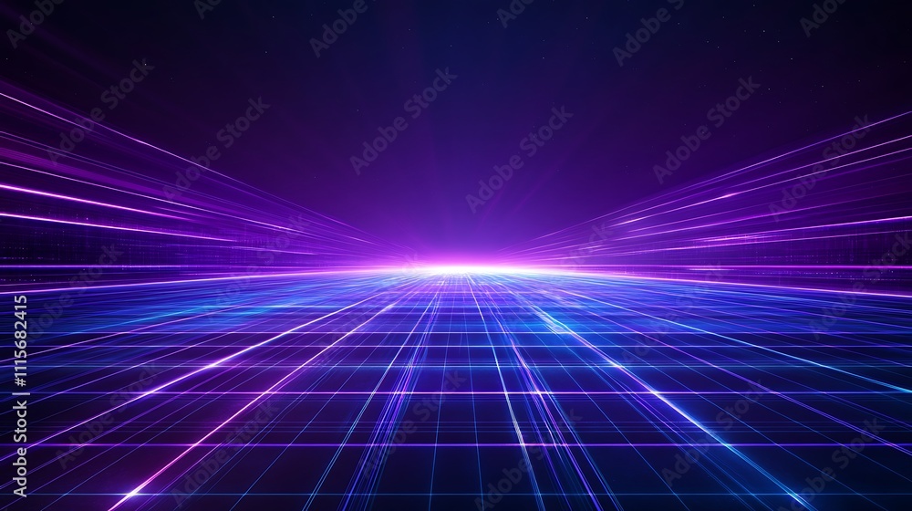 Futuristic Digital Landscape with Neon Lines and Grid Effects Illustrating Speed and Technology Concepts Futuristic Digital Landscape with Neon Lines and Grid Effects Illustrating Speed and Technology Concepts