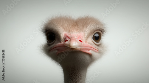 A baby ostrich with a red nose and a big eye photo