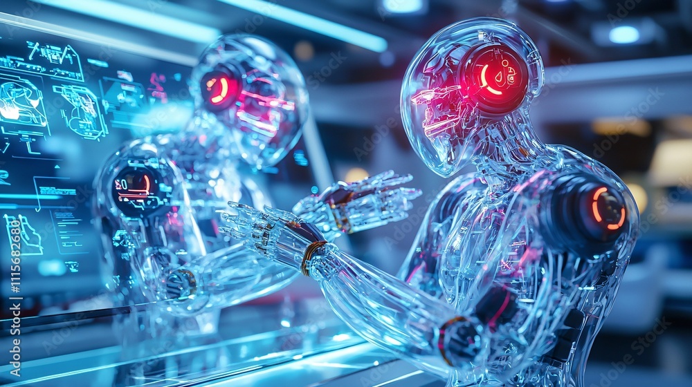 Fototapeta premium Robotics with Automation Industry Concept. Futuristic Transparent Robots Analyzing Digital Data