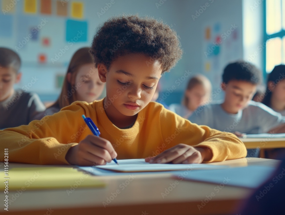 Portrait of a child writing at a desk. Portrait of a child writing at a desk.
