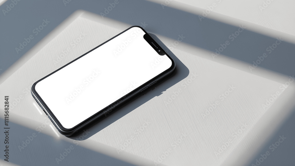 Blank smartphone mockup casting shadows on a light surface for creative design placement Blank smartphone mockup casting shadows on a light surface for creative design placement