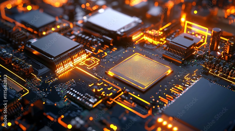 Robotics with Automation Industry Concept. High-Tech Circuitry with Glowing Components Detail Robotics with Automation Industry Concept. High-Tech Circuitry with Glowing Components Detail