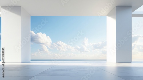 Elegant white architectural building with abstract design, positioned against a stunning city skyline and ocean view. The minimalist background, clean ground, and expansive sky create a perfect settin photo