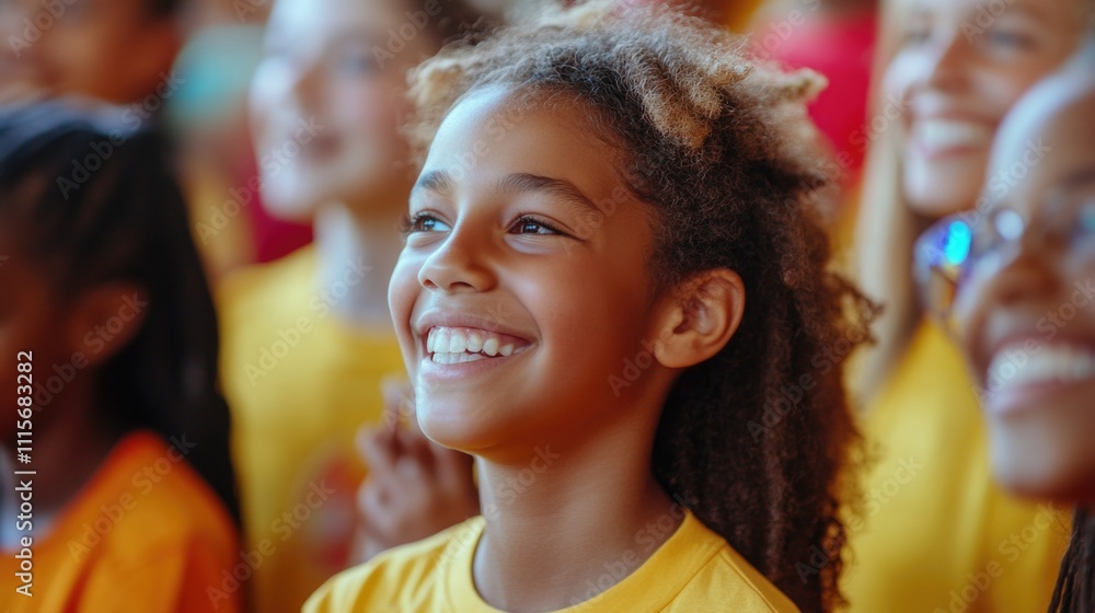 Obraz premium Smiling young girl in crowd watching something with joy and anticipation.