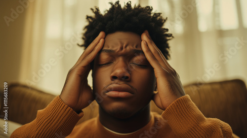 An African American man with a headache is sitting on a couch photo