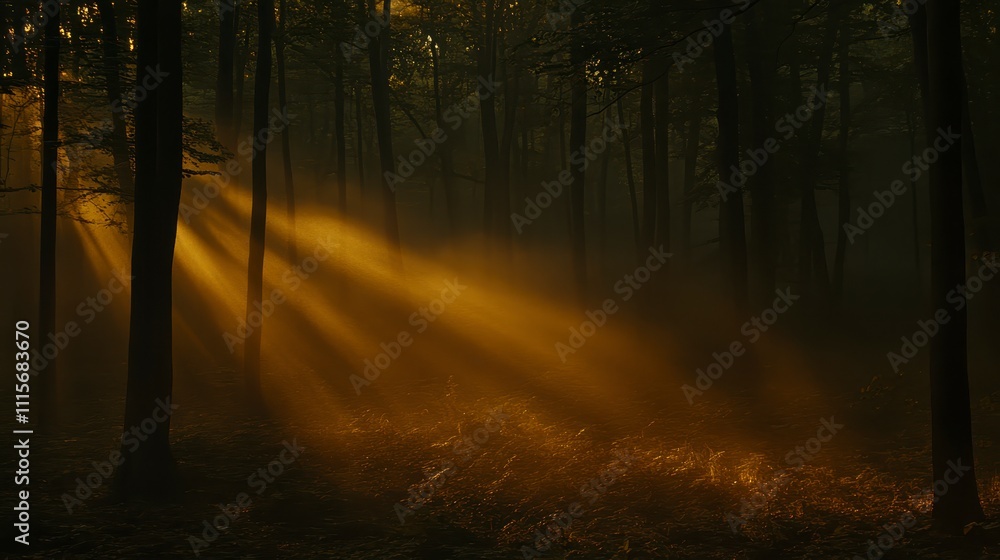 Obraz premium Mystical Sunrise Forest Golden Rays Misty Woods Nature Scene