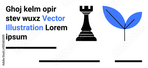 Chess rook and blue leaves beside text displaying Vector Illustration Lorem Ipsum. Ideal for marketing, education, corporate branding, website, infographics, social media, presentations. Landing page