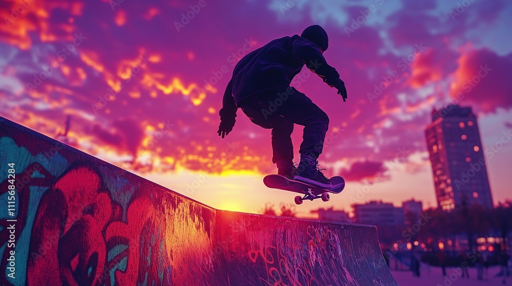 Naklejka premium A skateboarder performs a trick at sunset, capturing the thrill of urban sports.