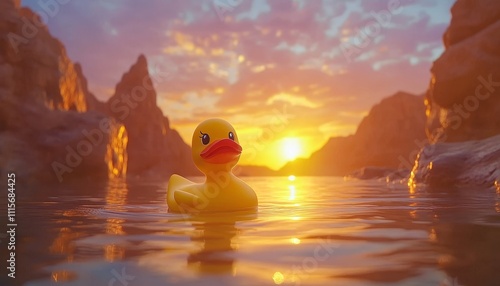 Yellow Rubber Duck Enjoys A Gentle Float In Water As The Golden Sun Sets Between Mountains, Travel photo