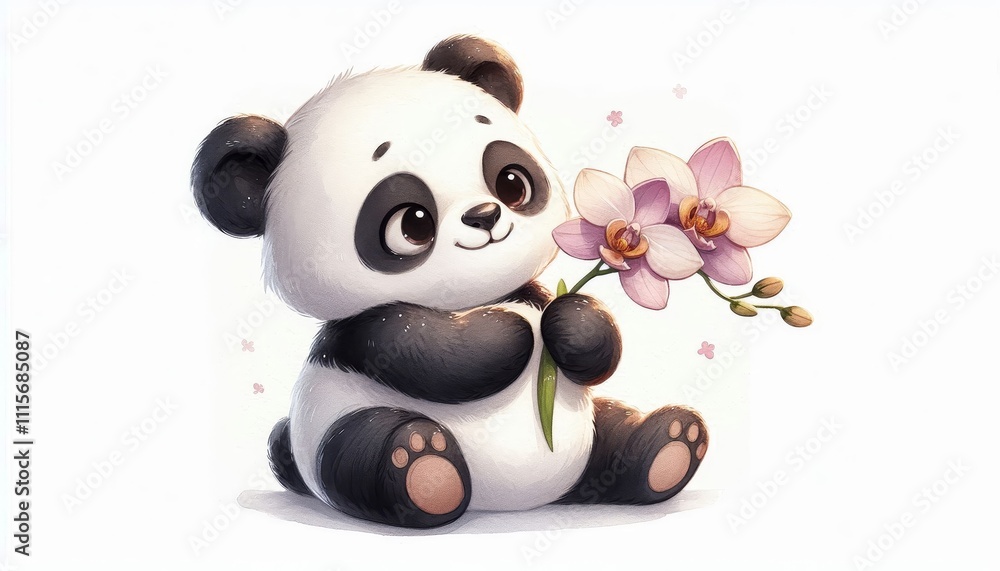 Naklejka premium Cute panda holding an orchid flower on a white background. Watercolor illustration for design and print