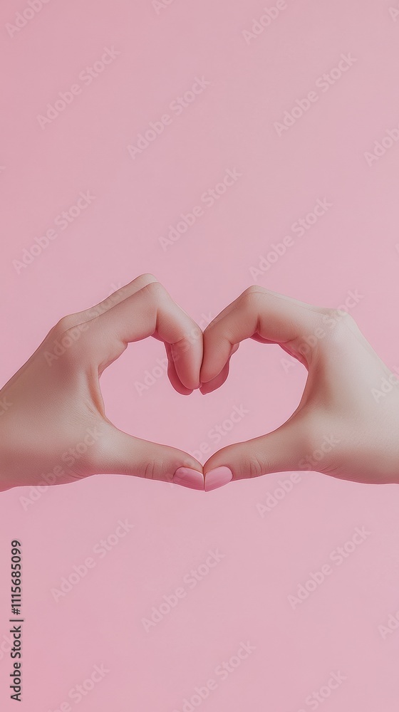Fototapeta premium Two hands form a heart shape against a soft pink background, AI