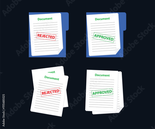 Rejected and approved report design set with claim form on it paper sheets isolated, vector illustration