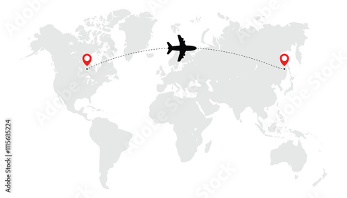 Air plane start point and dash line trace, flight route, Plane icon over world map, Airplane line path