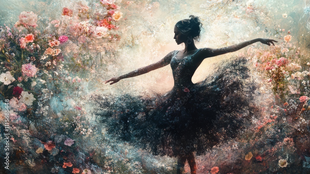 Fototapeta premium Double exposure style, Double exposure, Dreamy Ballerina in Floral Swirl Pose
