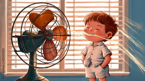 A boy opens his shirt to let the fan breeze cool his body on a hot day. Cute cartoon scene
