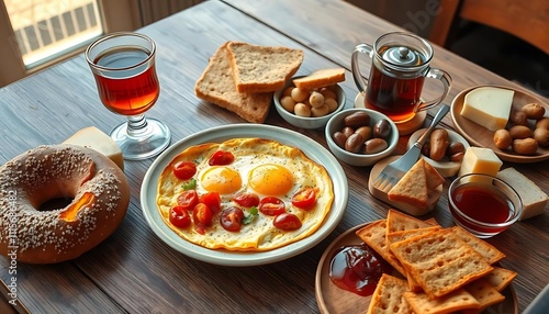 Traditional Turkish Breakfast with Simit, Menemen, and Tea photo