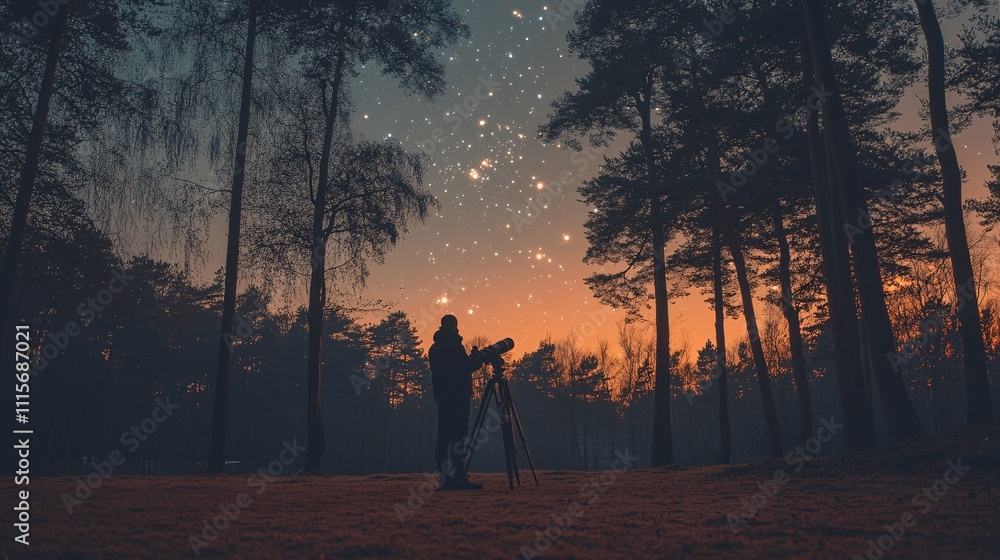 Fototapeta premium Stargazer Observing Night Sky in Forest