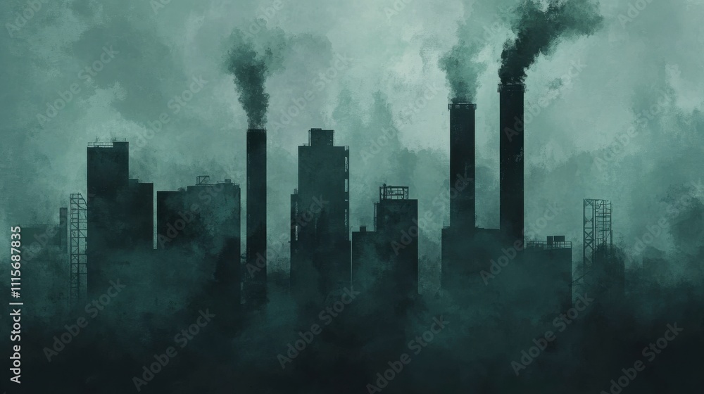 Obraz premium Dark and Moody Silhouette of Industrial Structures with Billowing Smoke Against a Greenish Foggy Sky, Symbolizing Pollution and Environmental Concerns