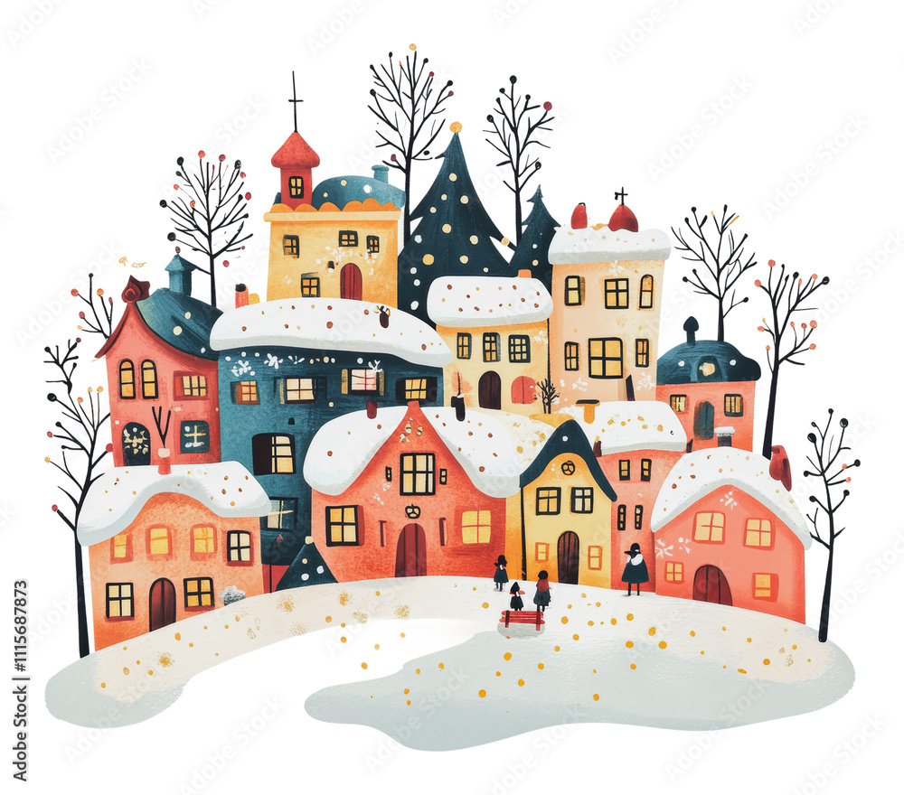 Fototapeta premium Charming winter village with snow-covered houses, cut out - stock png.