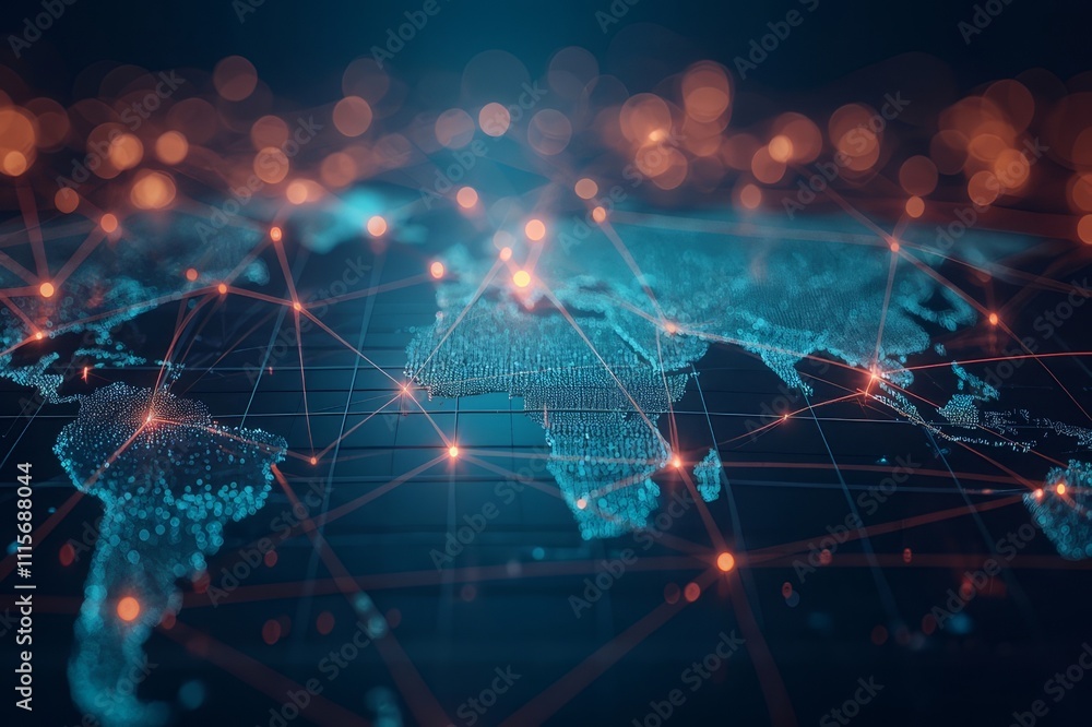 Obraz premium Digital network connections highlighted on a glowing world map displaying data points and interconnected nodes
