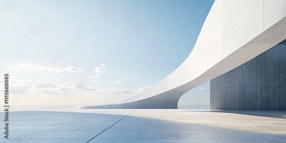 Fototapeta premium Modern white architectural building with artistic and abstract design, featuring a clean, minimalist background. The spacious ground and sky offer an ideal setting for an automotive advertisement back