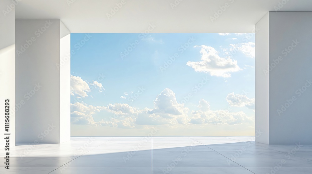 Fototapeta premium Modern white architectural building with artistic and abstract design, featuring a clean, minimalist background. The spacious ground and sky offer an ideal setting for an automotive advertisement back
